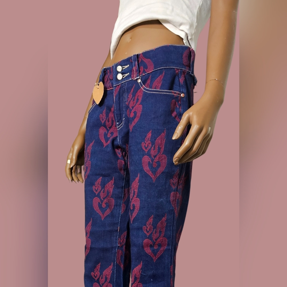 Vintage Johnny Blaze Flame  Jeans Denim Jeans with Red Heart Pattern size 7 y2k